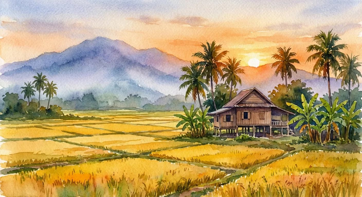 ทุ่งนาข้าวสีทองกับภูเขาไกลๆ